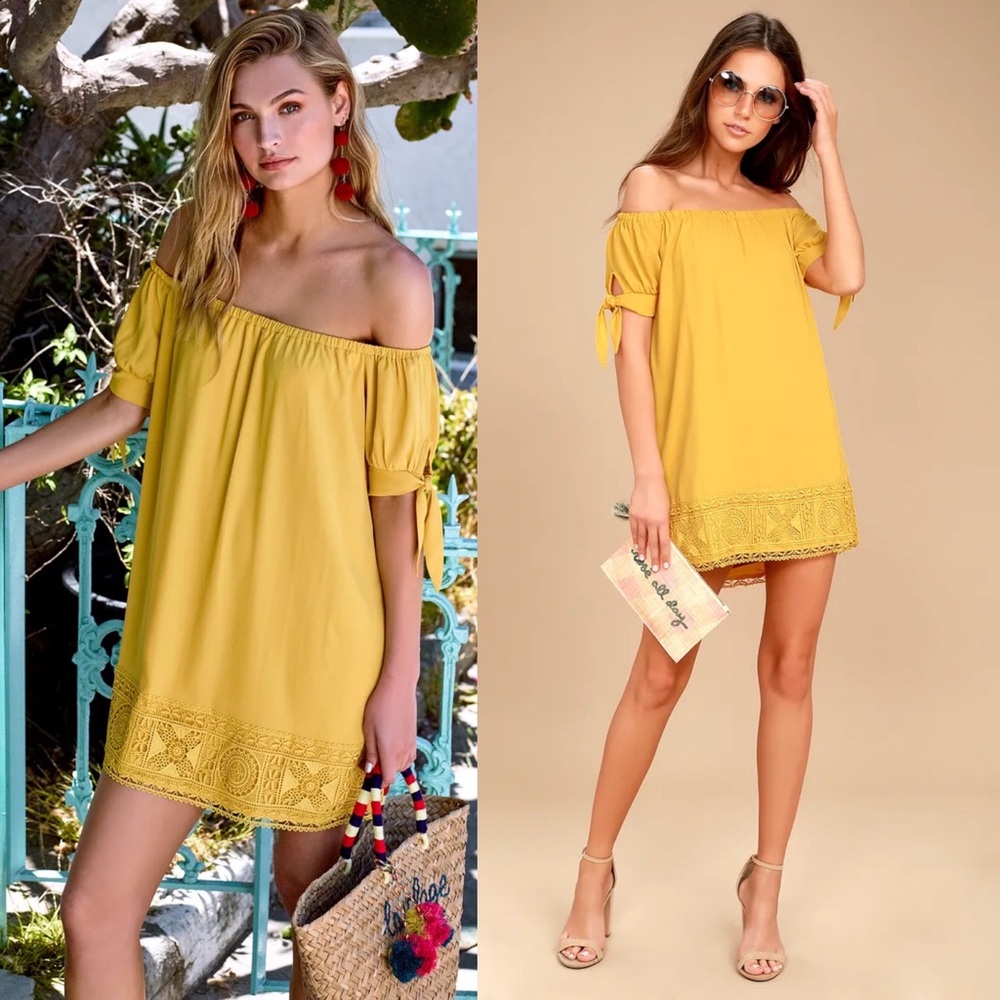 Lulus Moment In The Sun Mustard Yellow Off The Shoulder Crochet Dress